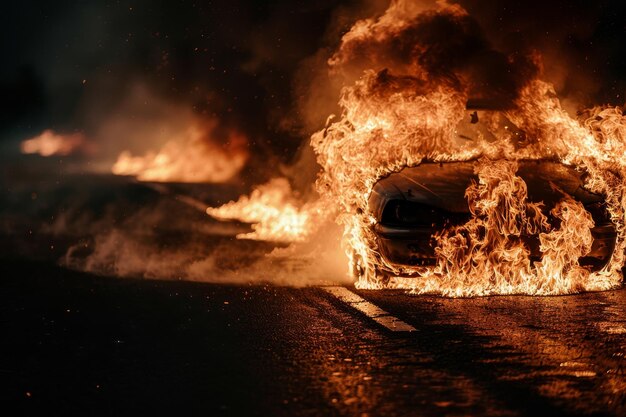 Foto ein auto brennt auf einer straße