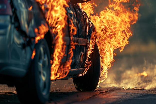 Ein Auto brennt und der Reifen raucht