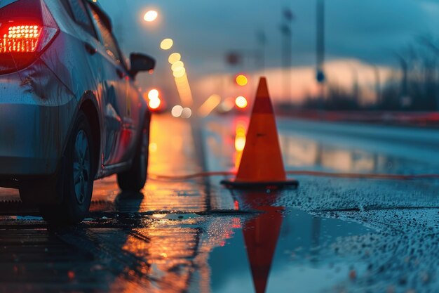 Ein Auto, das am Straßenrand mit blinkenden Warnlichtern und einem Vorsichtskegel angebracht ist