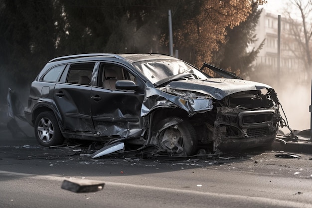 Ein Auto, das durch einen Unfall beschädigt wurde.