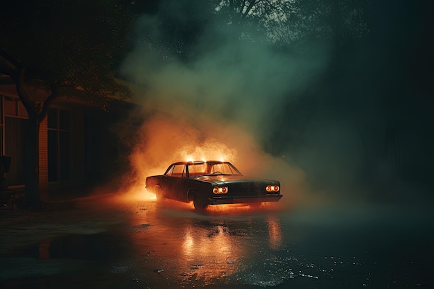 ein Auto, das Flammen auf sich hat, das Feuer sagt