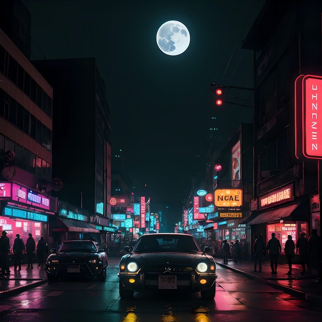 Ein Auto, das nachts eine Stadtstraße entlangfährt, mit einem Vollmond am Himmel darüber und Menschen, die darauf gehen