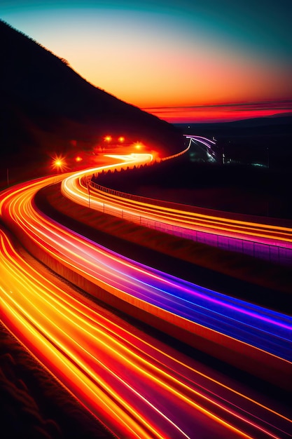 Ein Auto eilt auf den Autobahn, eine Nachtstrecke mit bunten Lichtern, ein Auto mit Nachtlichtern.