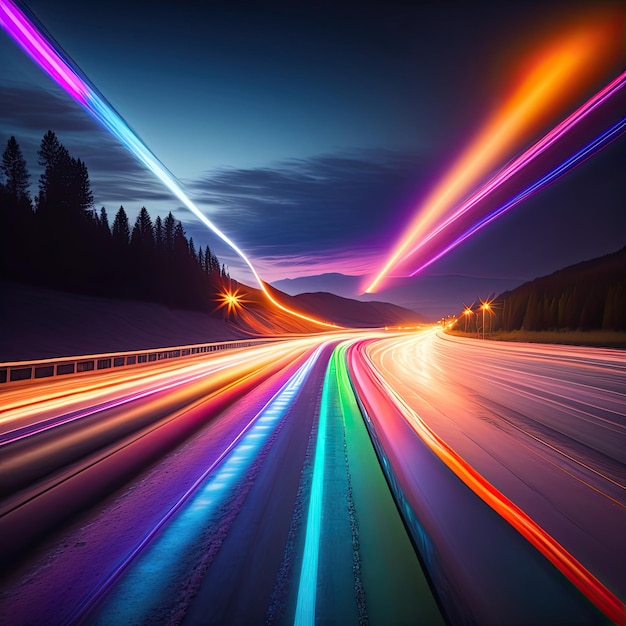 Ein Auto eilt auf den Autobahn, eine Nachtstrecke mit bunten Lichtern, ein Auto mit Nachtlichtern.