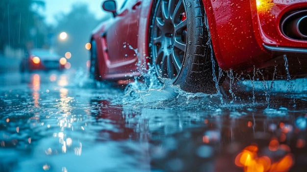 Ein Auto fährt an einem regnerischen Tag in einer Pfütze, Wassertropfen auf dem Asphalt.