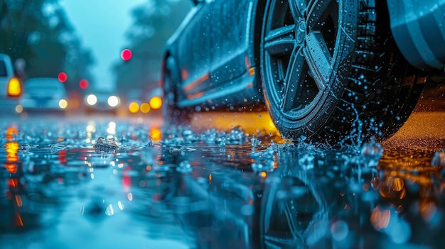 Ein Auto fährt an einem regnerischen Tag in einer Pfütze, Wassertropfen auf dem Asphalt.