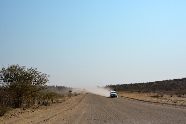 Ein Auto fährt auf einer breiten unbefestigten Straße in der Wüste in Perspektive Eine Reise durch trockene Gebiete