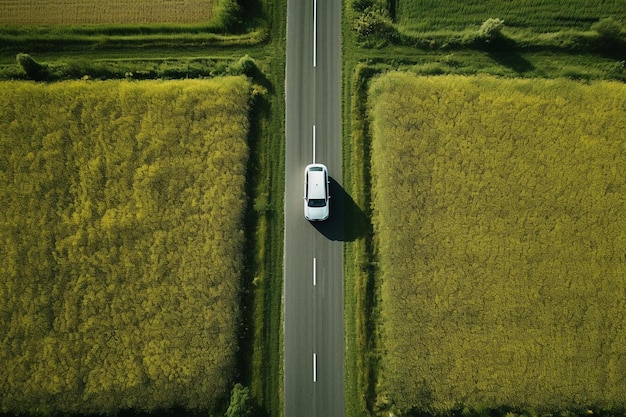 ein Auto fährt auf einer Landstraße durch ein Weizenfeld.