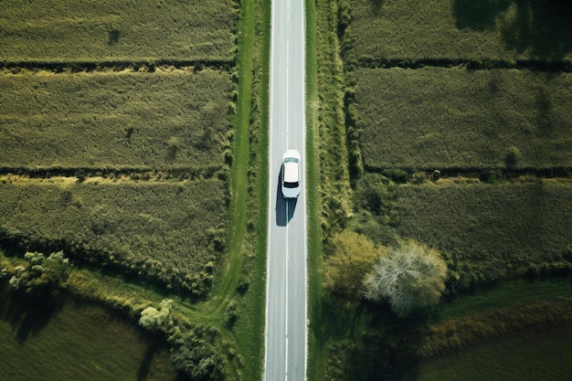 Ein Auto fährt eine Landstraße durch eine ländliche Gegend entlang.