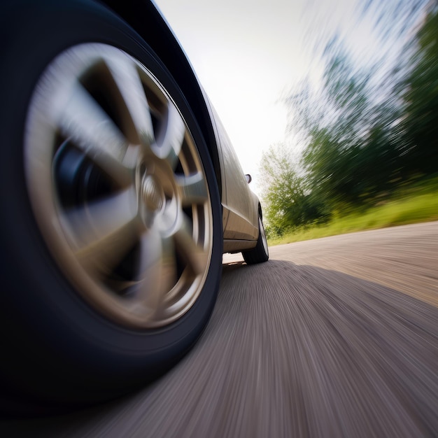 Ein Auto fährt mit verschwommenem Hintergrund die Straße entlang.