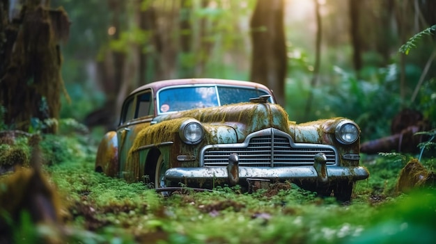 Ein Auto im Wald mit grüner Lackierung