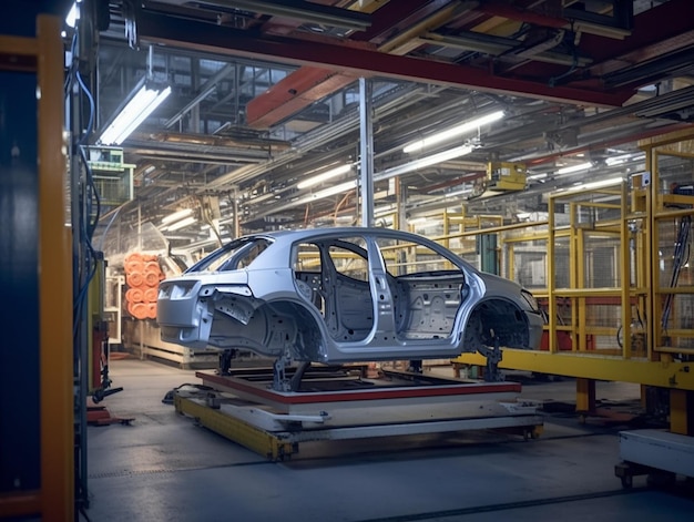 Ein Auto in einer Fabrik mit einem Schild mit der Aufschrift „Nissan“