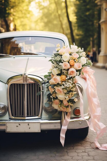 ein Auto mit einem Bündel Blumen an der Vorderseite