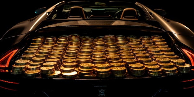 Ein Auto mit einem Haufen Goldmünzen in der Motorhaube