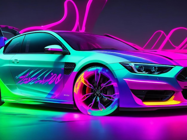 Ein Auto mit Neonfarbe wird in Neonfarben lackiert, die von der KI erzeugt werden