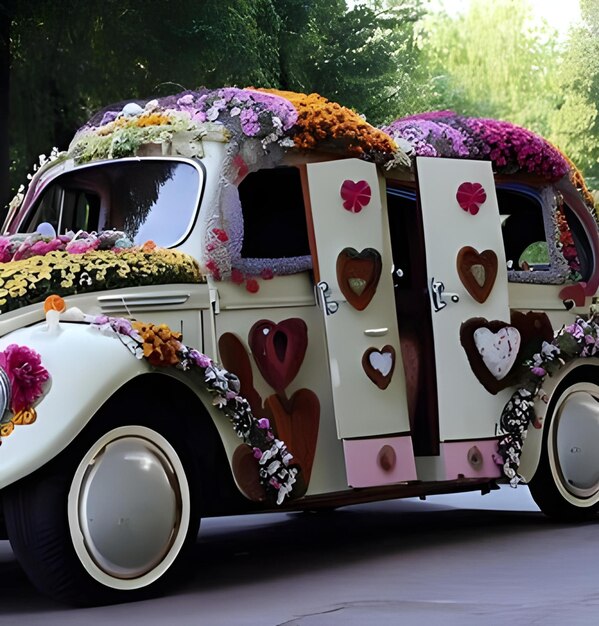 Foto ein auto mit rädern aus blumen und türen aus