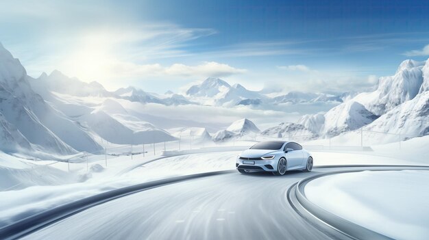 Foto ein auto rast eine schneebedeckte bergstraße entlang