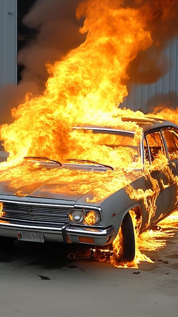 Foto ein auto steht vor einem gebäude in flammen