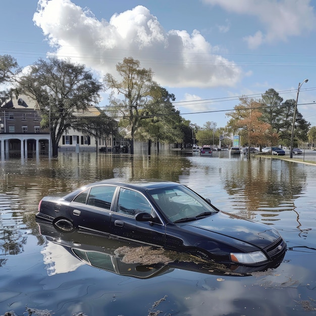 Ein Auto war während einer Überschwemmung halb unter Wasser.