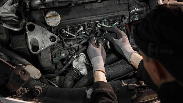 Ein Automechaniker arbeitet unter der Motorhaube eines Autos in einer Tankstelle Austausch von Zündkerzen