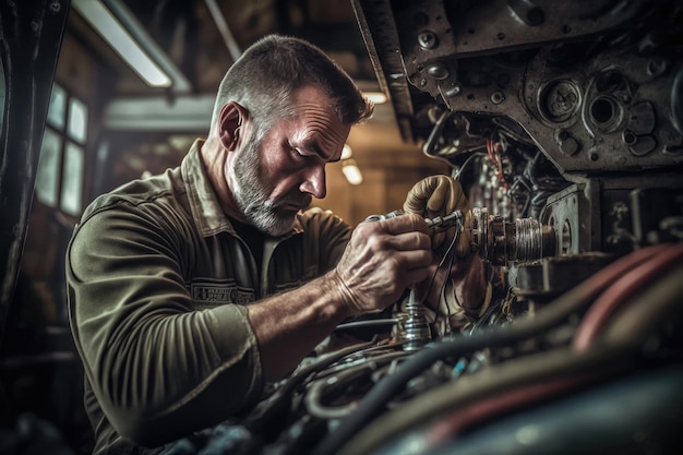 Ein Automechaniker in einer Werkstatt, der eine generative KI des Autos repariert