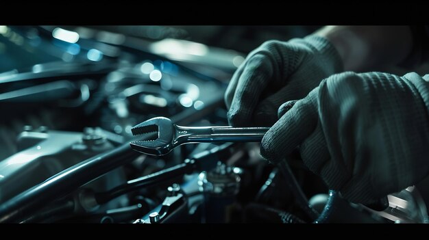 Ein Automechaniker repariert ein Auto mit einem Schraubenschlüssel Nahaufnahme Qualitätsprofi-Auto Generative KI
