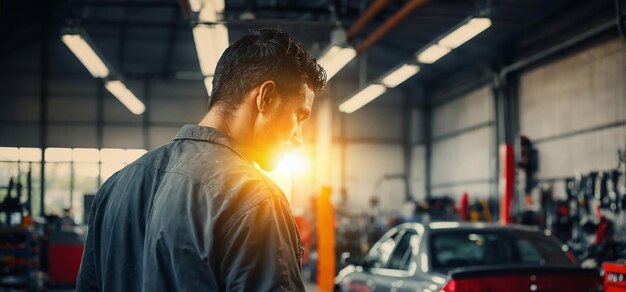 Ein Automechaniker steht in einer Autoreparaturwerkstatt mit Sonnenlicht, das von künstlicher Intelligenz erzeugt wird