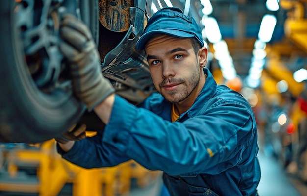 Ein Autoreparaturwerkstattmechaniker überprüft die Aufhängung eines Autos