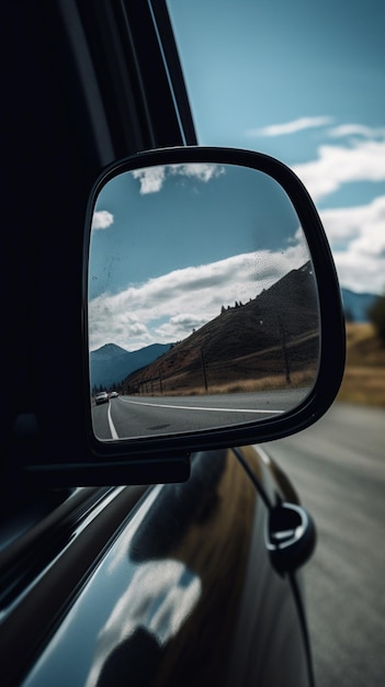 Ein Autospiegel mit dem Wort Highway darauf