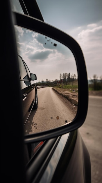 Ein Autospiegel mit einer schwarzen Stoßstange und einer roten Stoßstange.