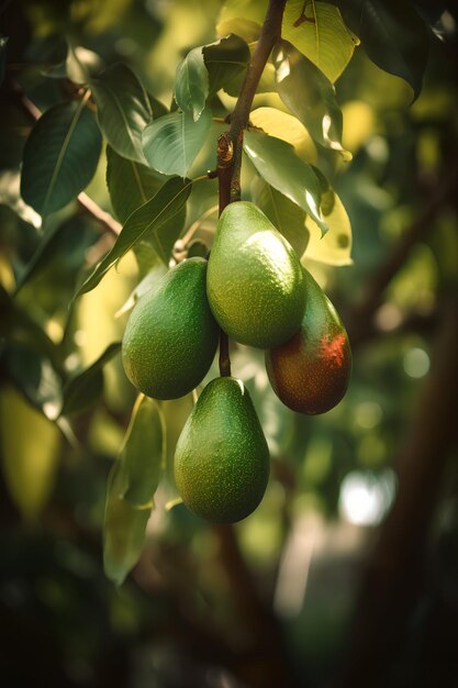 Ein Avocadozweig auf einem Baum im Sonnenlicht Ai generative Kunst