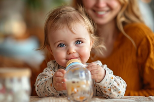 ein Baby aus einer Flasche mit Milch füttern