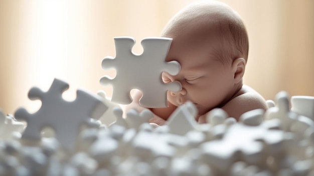 Ein Baby blickt auf ein Puzzleteil, auf dem das Wort Puzzle steht.