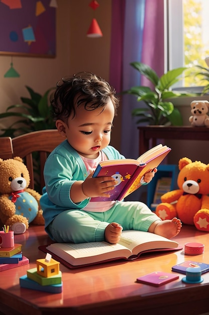 ein Baby, das ein Buch auf dem Tisch liest. AI-Bild