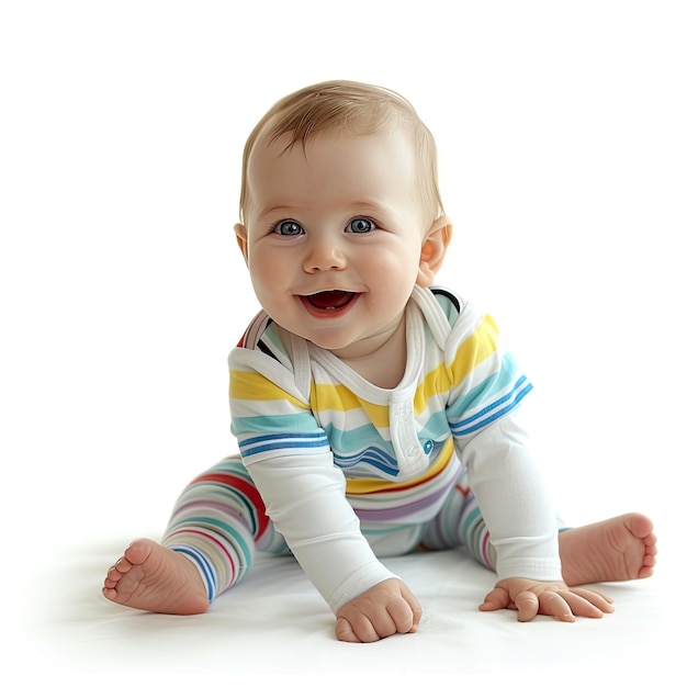 ein Baby, das ein farbenfrohes gestreiftes Hemd trägt, lächelt