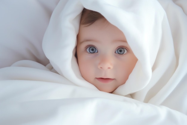 Ein Baby, das in glücklicher Stimmung im Bett liegt Generative KI