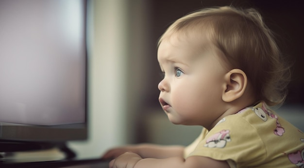 Ein Baby, das sich Zeichentrickfilme im Fernsehen anschaut Die Sucht von Kindern nach Fernsehen und Zeichtrickfilmen Ein Junge berührt den Fernseher