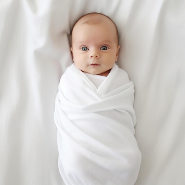 Ein Baby, eingewickelt in eine weiße Decke mit einem weißen Laken.