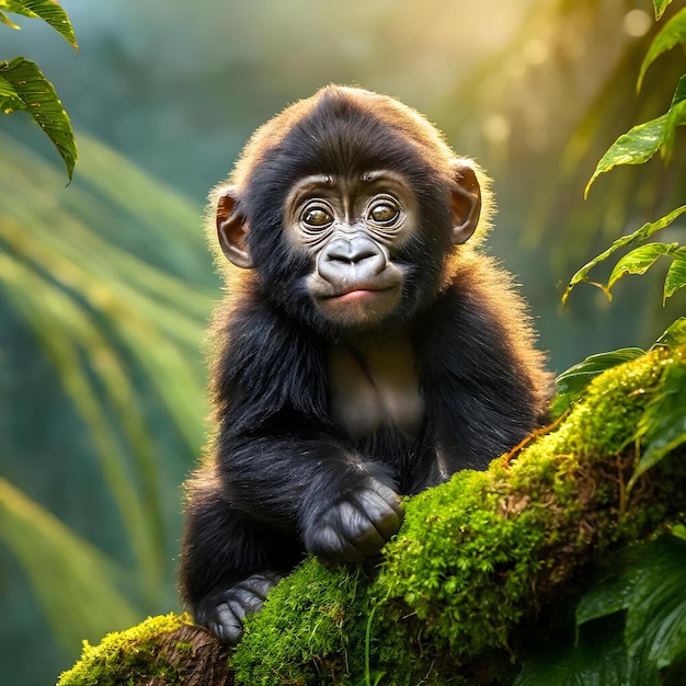 ein Baby-Gorilla sitzt in einem Baum mit der Sonne hinter sich