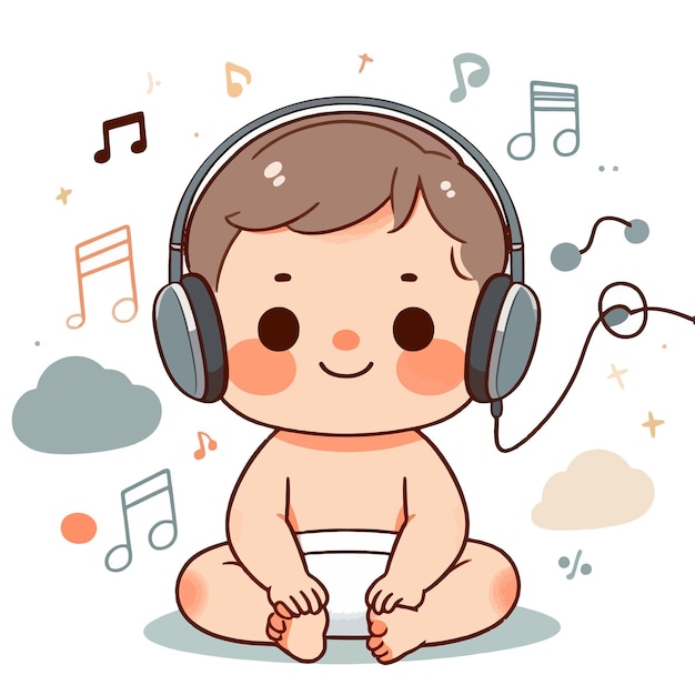 ein Baby hört Musik mit Kopfhörern