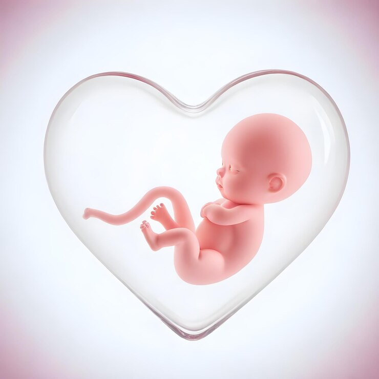 ein Baby in einem herzförmigen Glas mit rosa Hintergrund