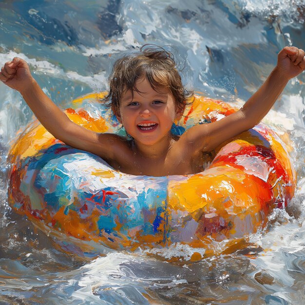 Foto ein baby in einem pool mit einem gelben floatie an der seite