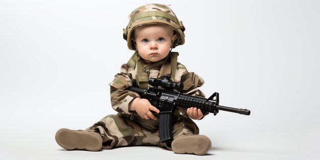 Foto ein baby in militärischer uniform mit einer waffe