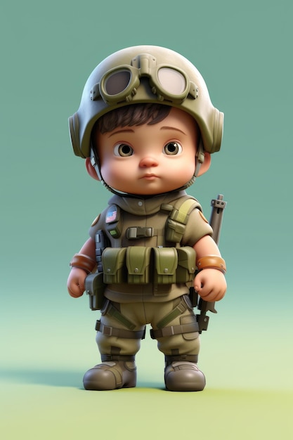 Ein Baby in Militäruniform steht vor grünem Hintergrund.