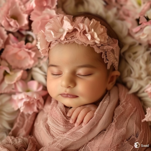 ein Baby ist in eine Decke mit einem Blumenkopfband gewickelt