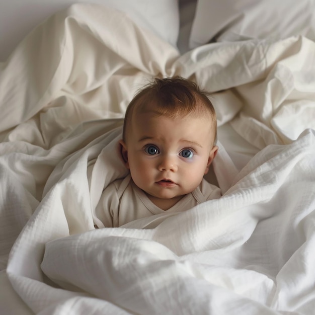 ein Baby ist mit einem blauen Auge in ein weißes Laken gewickelt