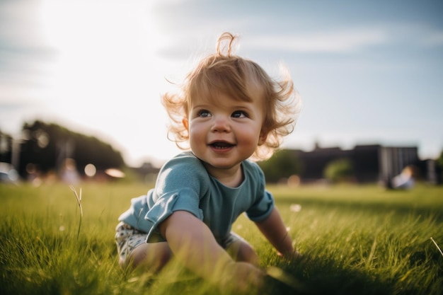 Ein Baby krabbelt im Gras in einem Park. Generatives KI-Bild