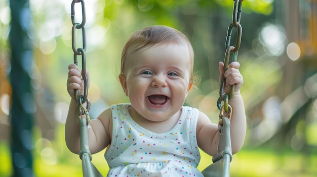 Ein Baby lacht freudig, während es sanft in der Luft schwingt