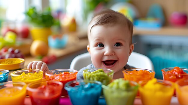 Ein Baby lächelt über bunte Tassen mit Essen