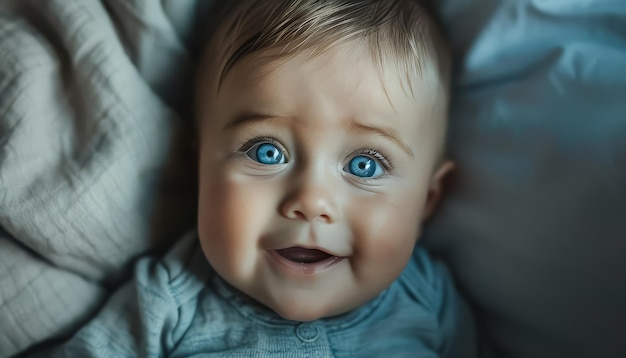 Ein Baby lächelt und hat blaue Augen